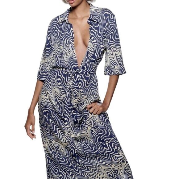 Zara Navy & Ivory Belted Dress - Picture 3 of 9